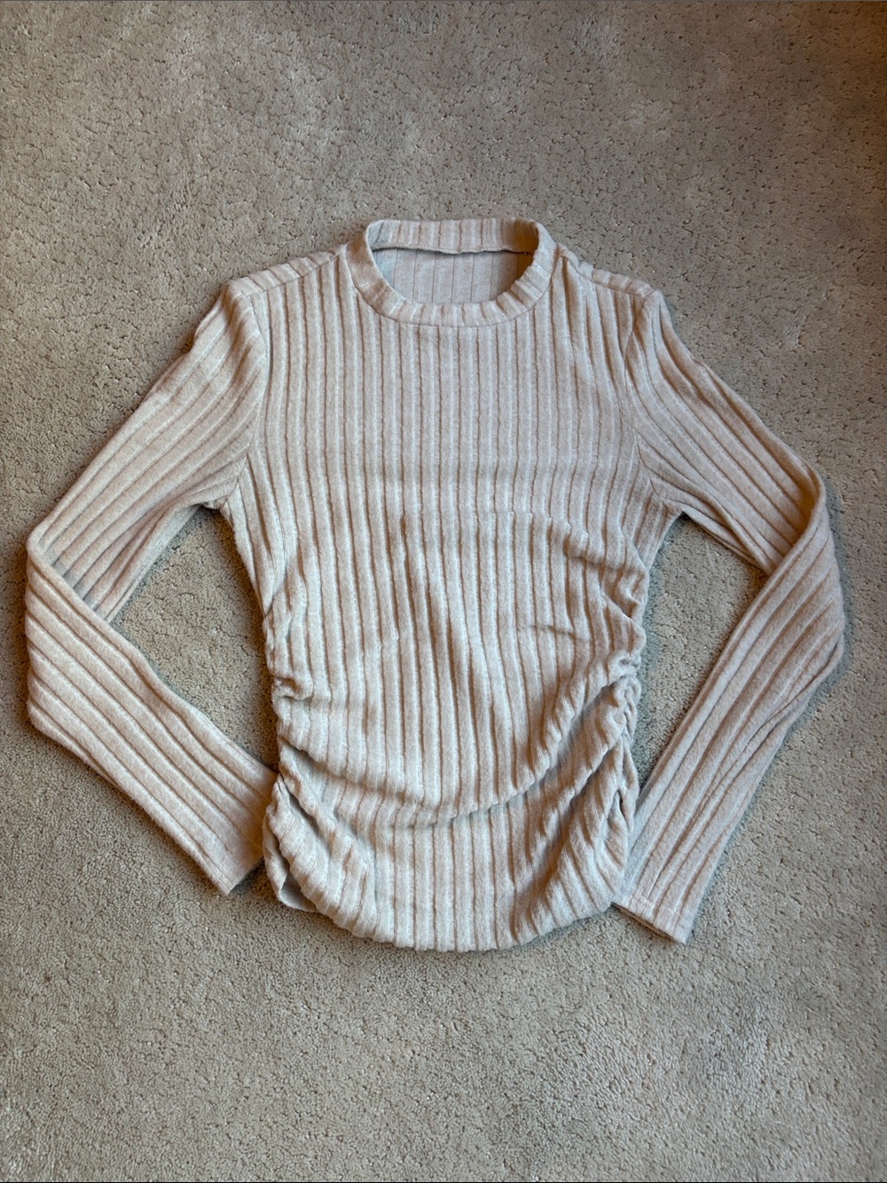 SHEIN Cream Ribbed Long-Sleeve Ruched Side Top